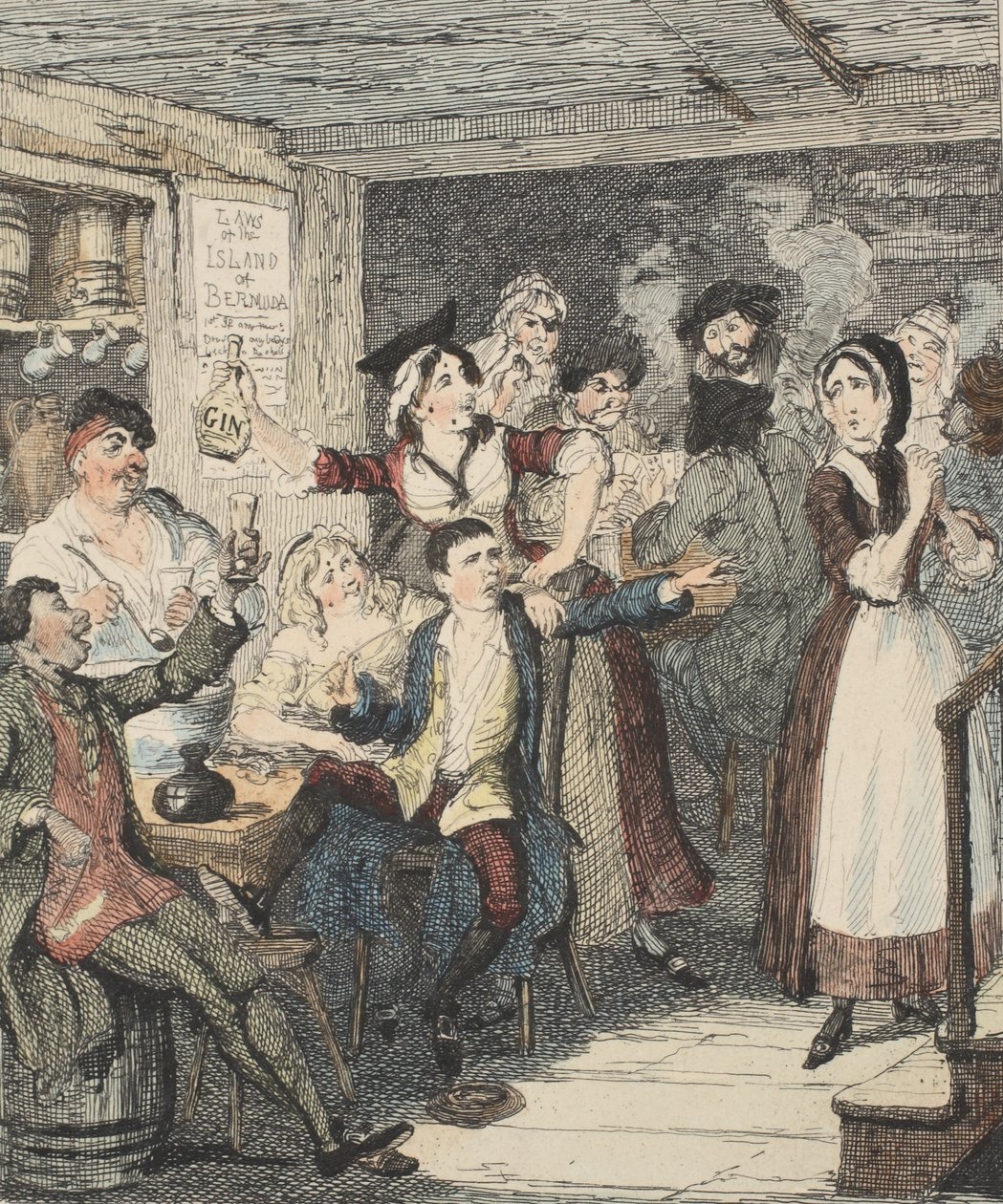 Jack Sheppard bliver fuld og beordrer sin mor væk, illustration fra Jack Sheppard: A Romance af William Harrison Ainsworth, udgivet 1839 (håndfarvet radering) af George Cruikshank