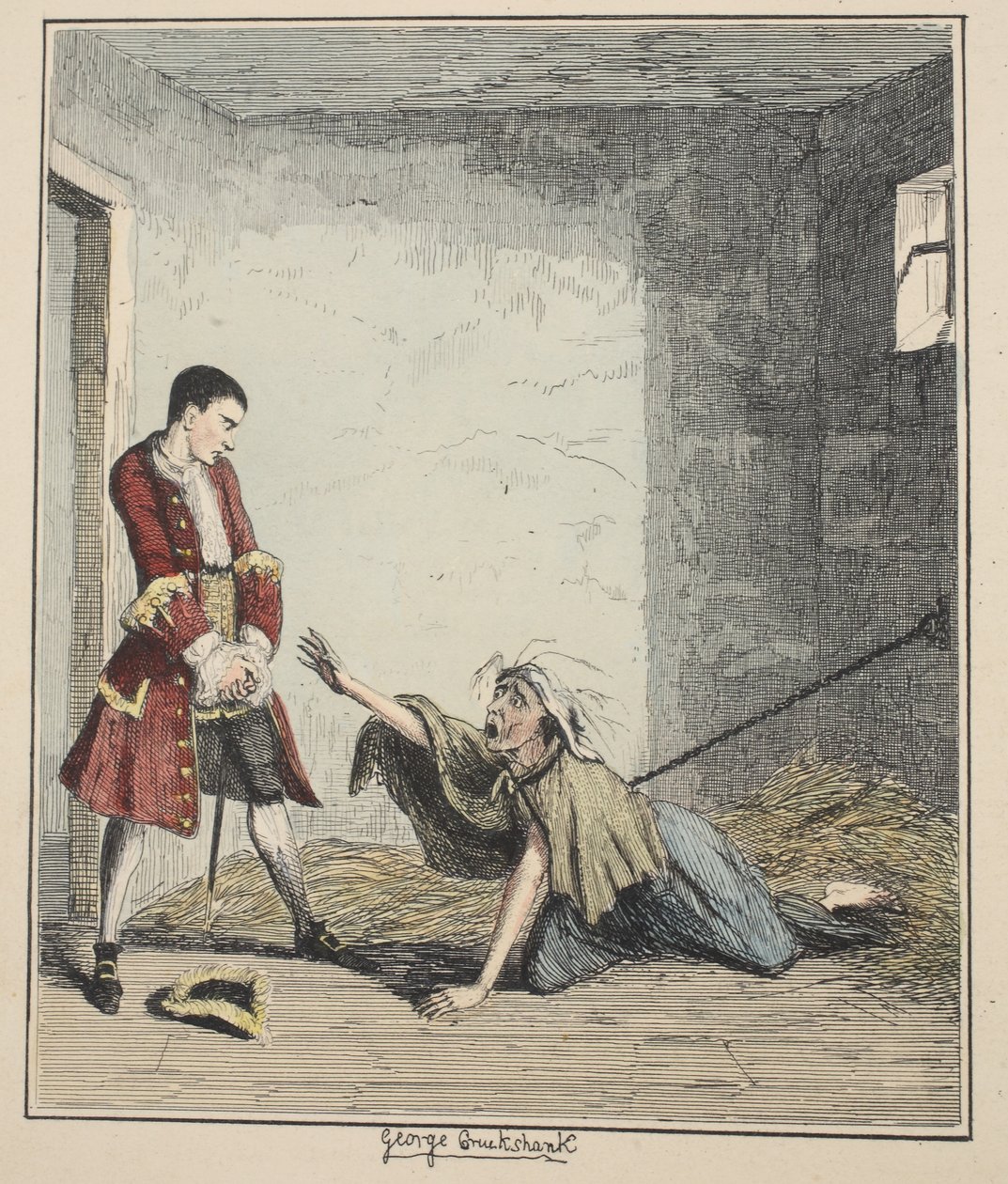 Jack Sheppard besøger sin mor i Bedlam, illustration fra Jack Sheppard: A Romance af William Harrison Ainsworth, udgivet 1839 (håndfarvet radering) af George Cruikshank