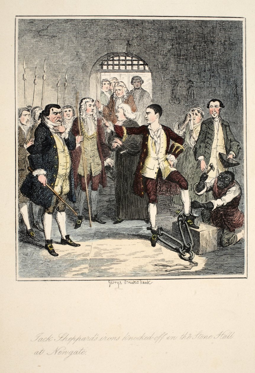 Jack Sheppards jern slået af i Stone Hall ved Newgate, illustration fra Jack Sheppard: A Romance af William Harrison Ainsworth, udgivet 1839 (håndfarvet radering) af George Cruikshank