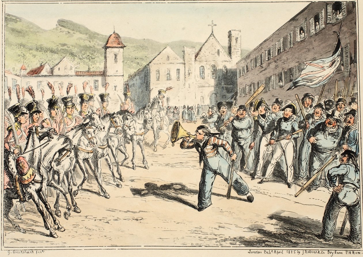 Jacks Trump of Defiance, fra Greenwich Hospital, en serie af flådeskitser, Descriptive of a Life of a Man-of-Wars Man, pub. 1826 (håndfarvet gravering) af George Cruikshank