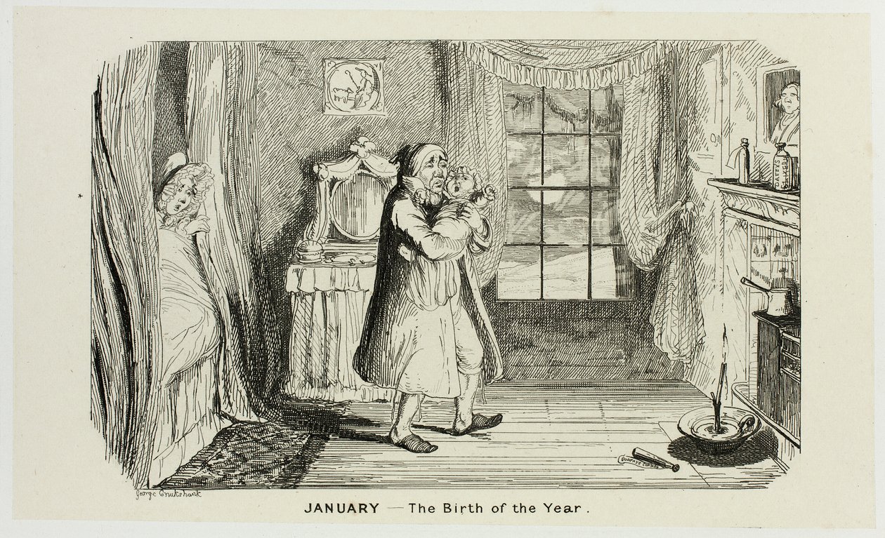 Januar - Årets fødsel fra George Cruikshanks stålstik til The Comic Almanacks: 1835-1853 af George Cruikshank