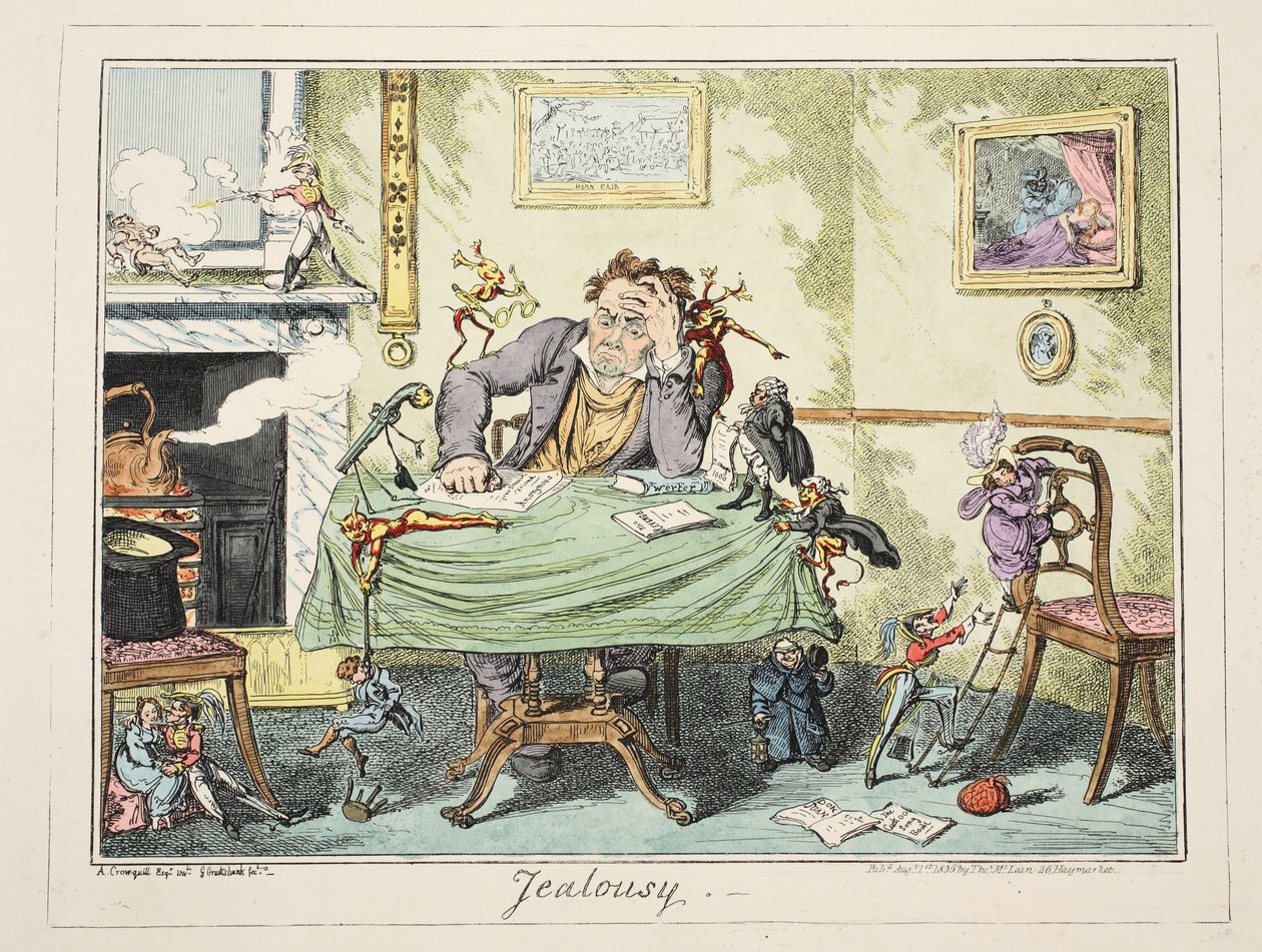 Jalousi, pub. 1835 (håndfarvet gravering) af George Cruikshank