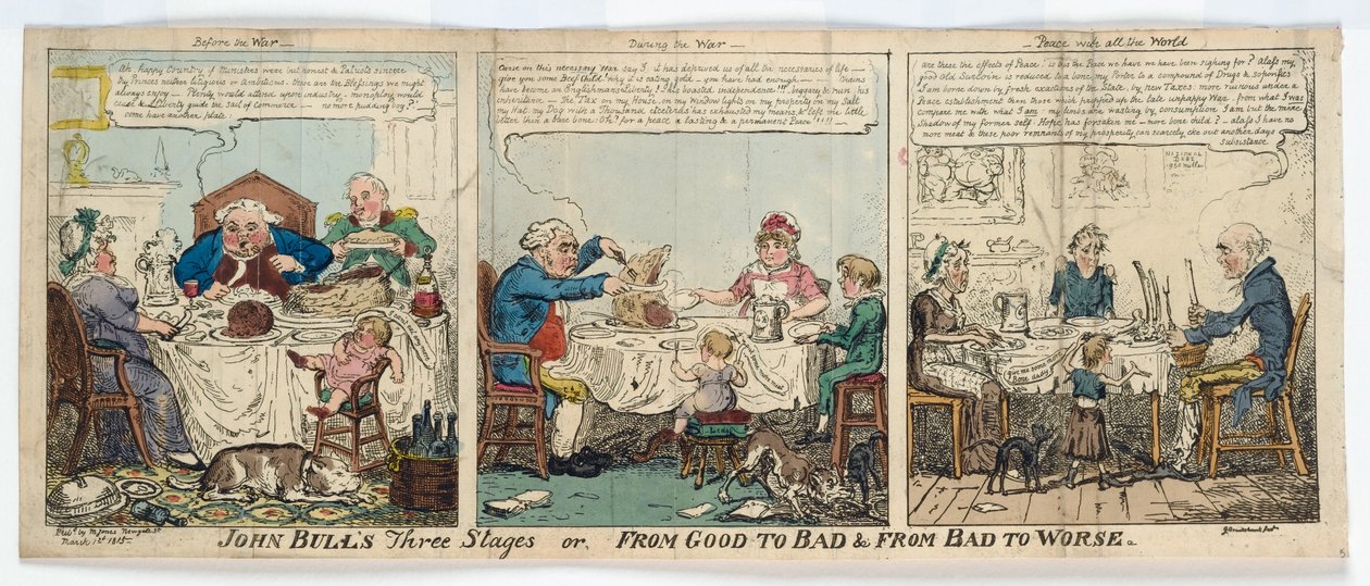 John Bulls tre stadier, eller, Fra godt til dårligt og fra dårligt til værre, 1815 (håndkoloreret gravering) af George Cruikshank