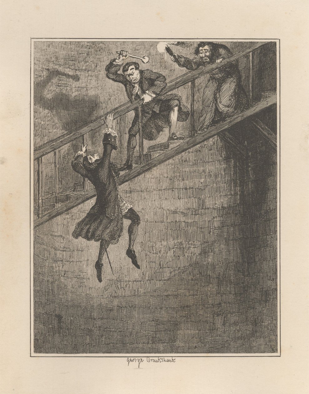 Jonathan Wild kaster Sir Rowland Trenchard ned i brøndhullet af George Cruikshank