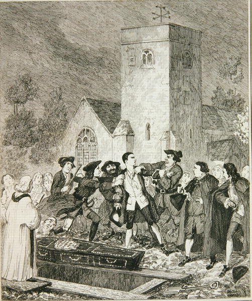 Jonathan Wild griber Jack ved sin mors begravelse i Willesden Churchyard, illustration fra 