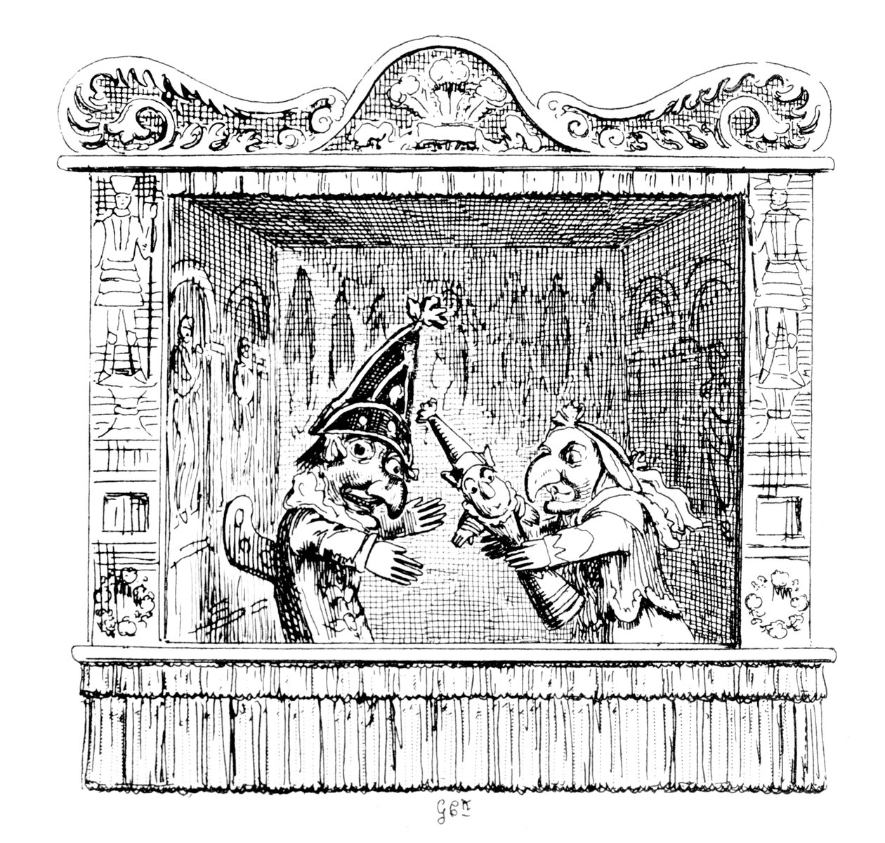 Judy opfordrer hr. Punch til at tage barnet af George Cruikshank
