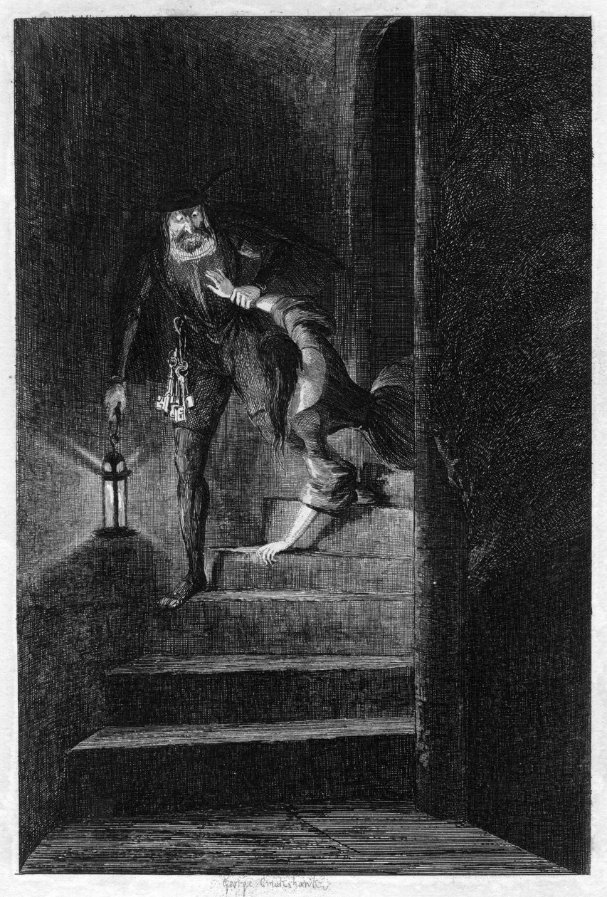 Lawrence Nightgall trækker Cicely ned ad de hemmelige trapper i Salt Tower, 1840 af George Cruikshank