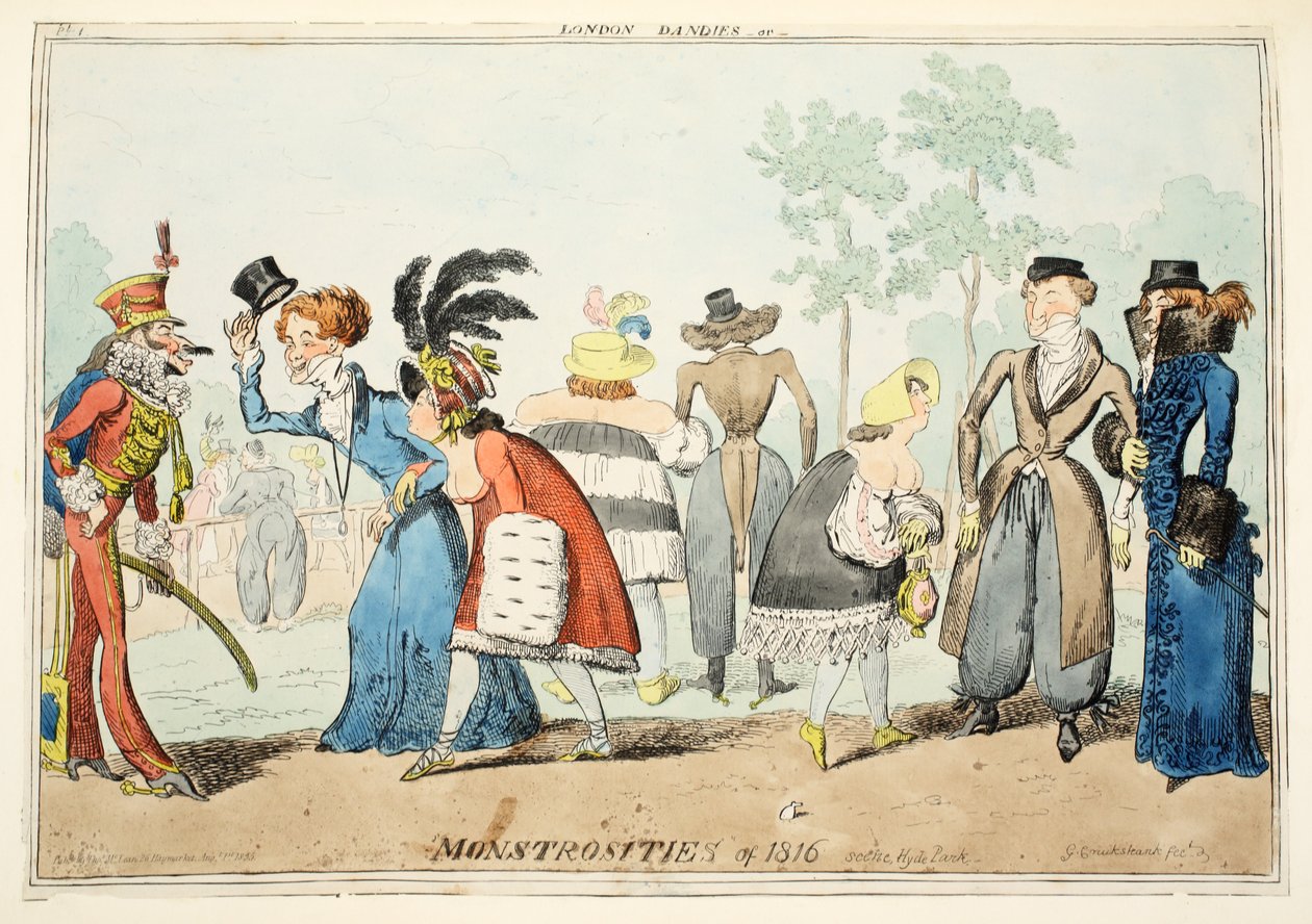London Dandies or Monstrosities of 1815, Hyde Park, pub. 1835 (håndfarvet gravering) af George Cruikshank