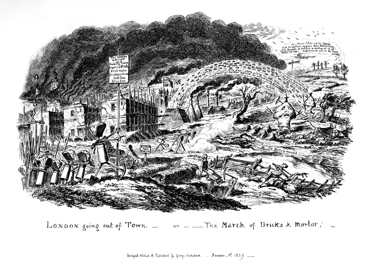 London går ud af byen - eller The March of Bricks and Mortar, 1829 af George Cruikshank