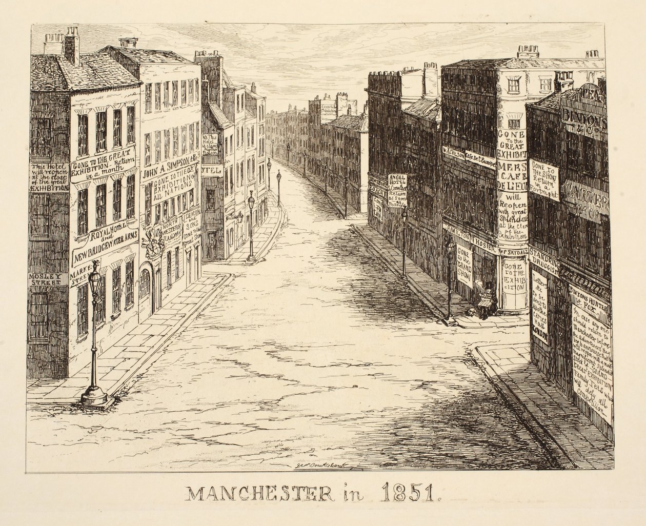 Manchester i 1851, fra 1851 eller The Adventures of Mr & Mrs Sandboys and family who came up to London to enjoy themselves and to see the Great Exhibition, pub. 1851 af George Cruikshank