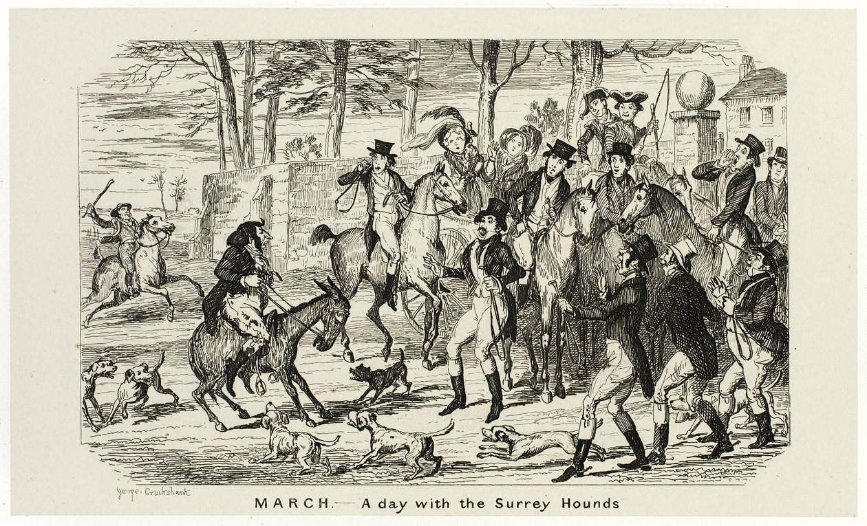 Marts - En dag med Surrey Hounds fra George Cruikshanks stålstik til The Comic Almanacks: 1835-1853 af George Cruikshank