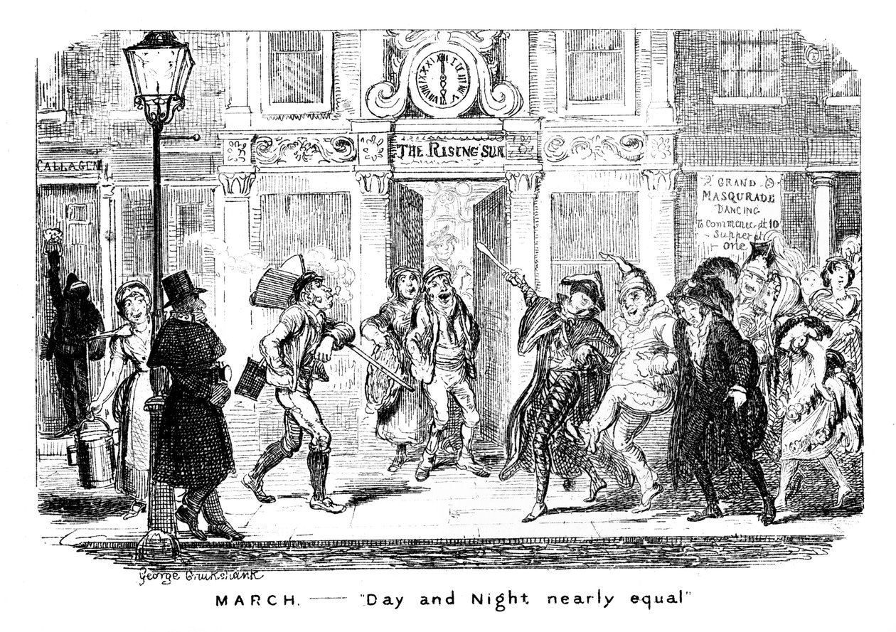 Marts - Dag og nat næsten lige store, 1800-tallet. af George Cruikshank