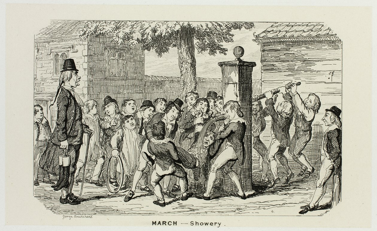Marts - Showery fra George Cruikshanks stålætsninger til The Comic Almanacks: 1835-1853 af George Cruikshank