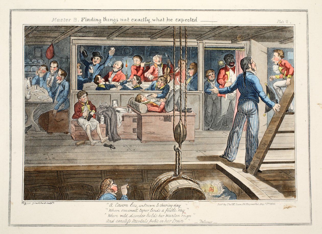 Mester B, at finde ting, der ikke lige var, hvad han forventede, pub. 1835 (håndfarvet gravering) af George Cruikshank