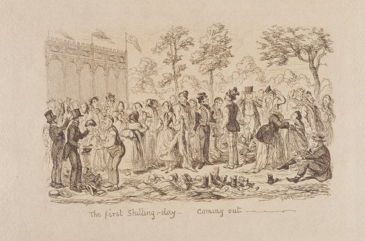 Mayhews store udstilling fra 1851: Den første Shilling Day - Kommer ud, 1851 af George Cruikshank