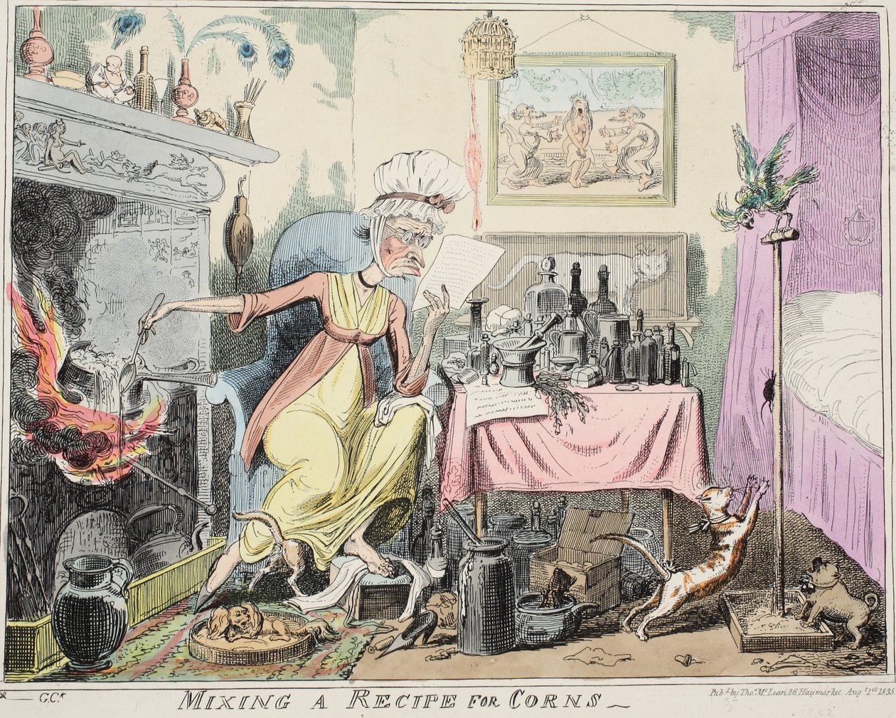 Blanding af en opskrift på majs, pub. 1835 (håndfarvet gravering) af George Cruikshank