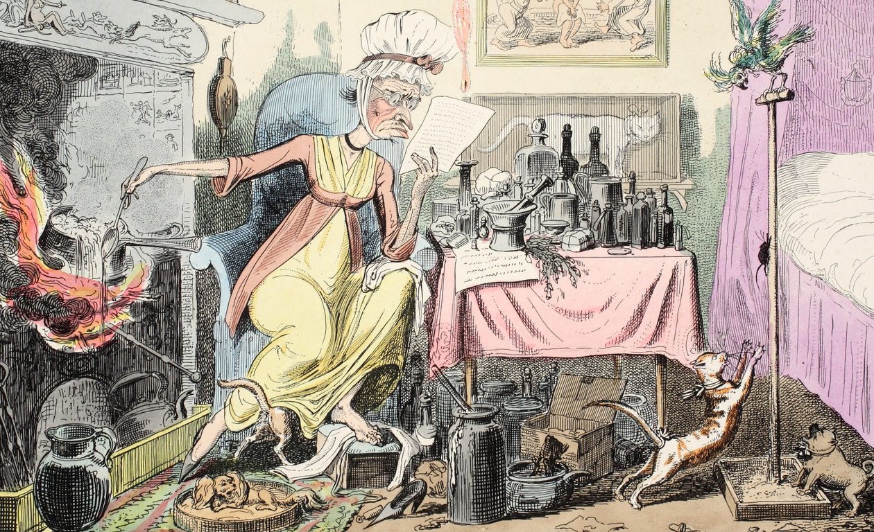 Blanding af en opskrift på majs, pub. 1835 (håndfarvet gravering) af George Cruikshank
