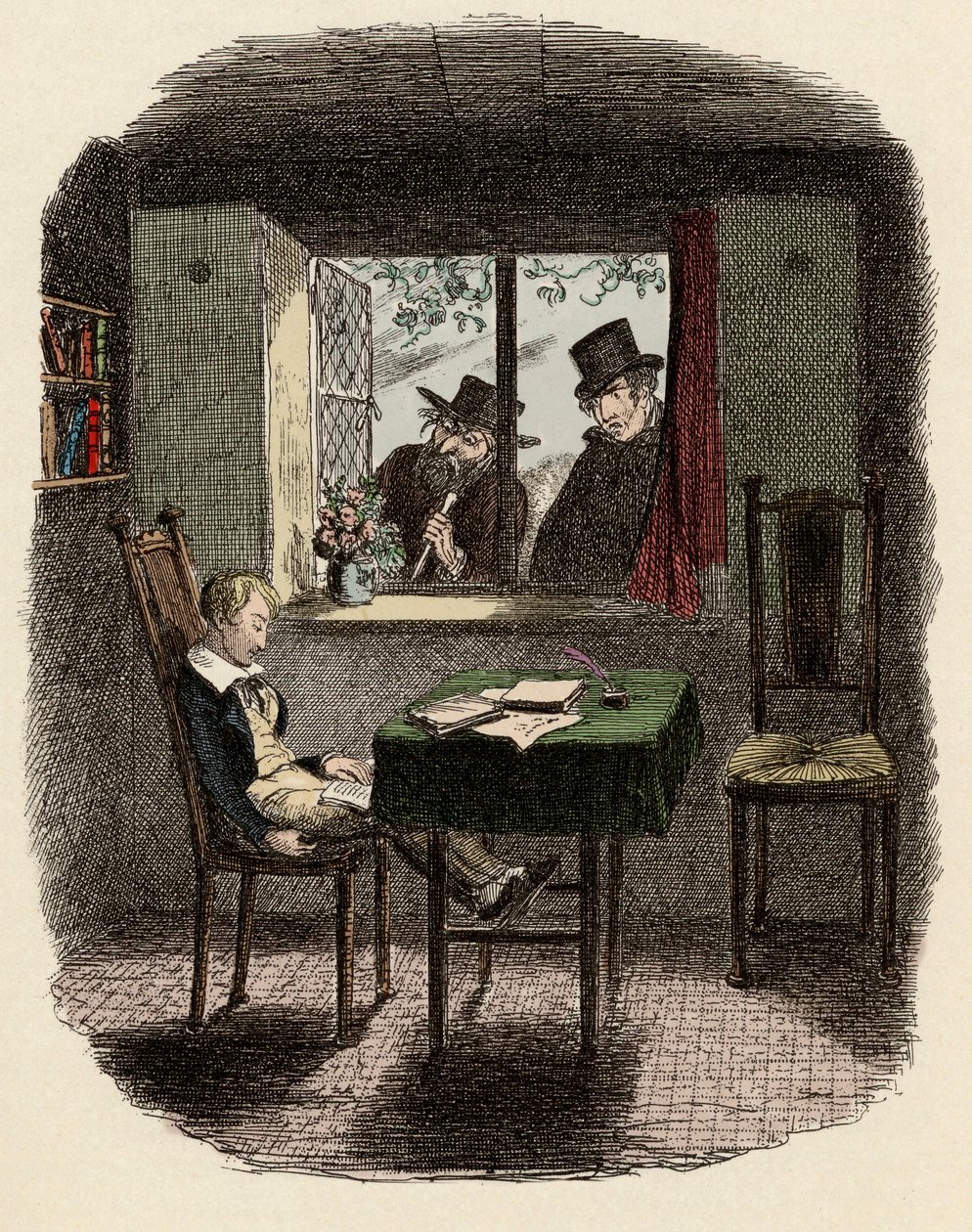 Munke og Fagin observerer Oliver sove i Maylie Library - Munke og jøden - Illustration til "" Oliver Twist"" (Oliver) (The Adventures of Oliver Twist) af Charles Dickens (1812-1870), af George Cruikshank (1792-1878) ). af George Cruikshank