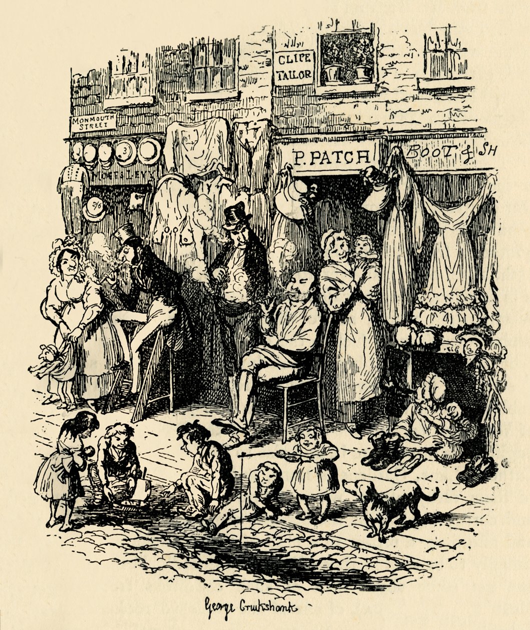 Monmouth Street, Soho, en illustration af G. Cruikshank til Dickens Sketches af Boz. , 1938 af George Cruikshank
