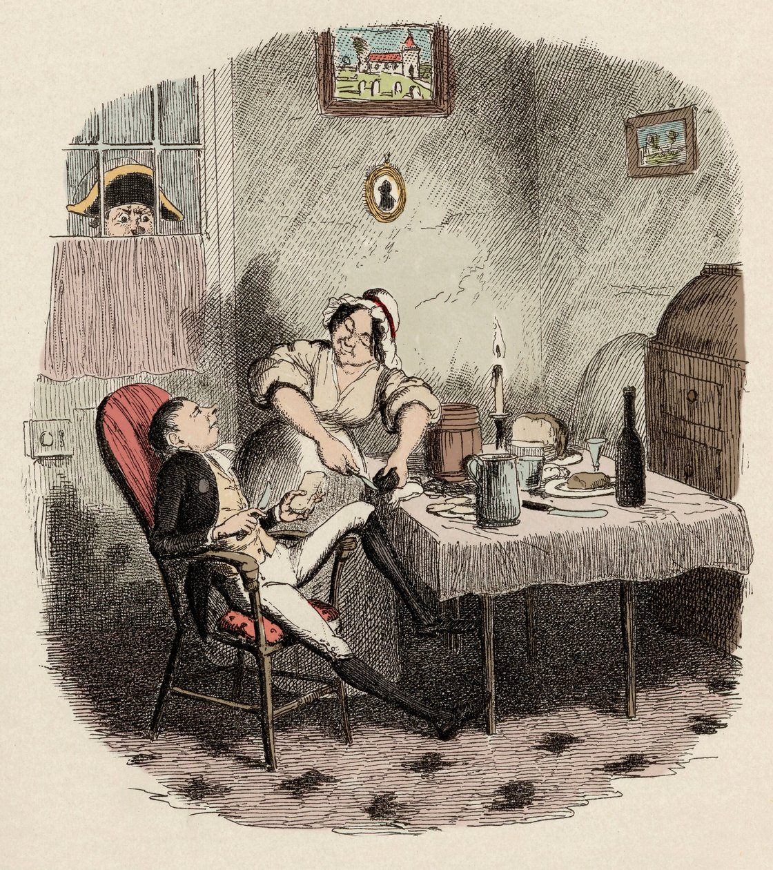 Monsieur Bumble observerer Noe Claypole og Charlotte - Mr. Claypole, som han dukkede op, da hans herre var ude - Illustration til "" Oliver Twist"" (Olivier) (The Adventures of Oliver Twist) af Charles Dickens (1812-1870), af George Cruikshank ( 1792-1878) af George Cruikshank