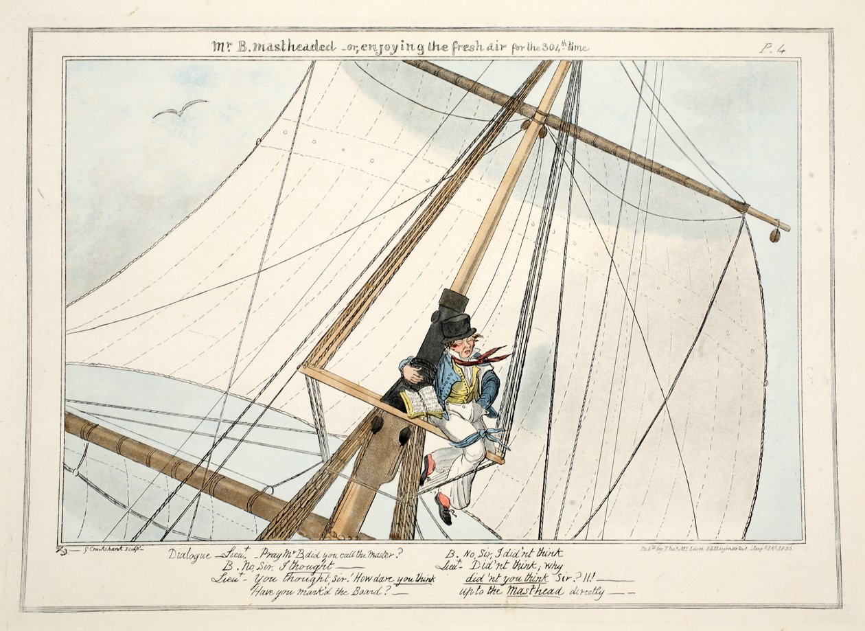 Mr. B. Mastheaded - eller nyder den friske luft for 304. gang, fra The Progress of a Midshipman, 1835 (håndkoloreret gravering) af George Cruikshank