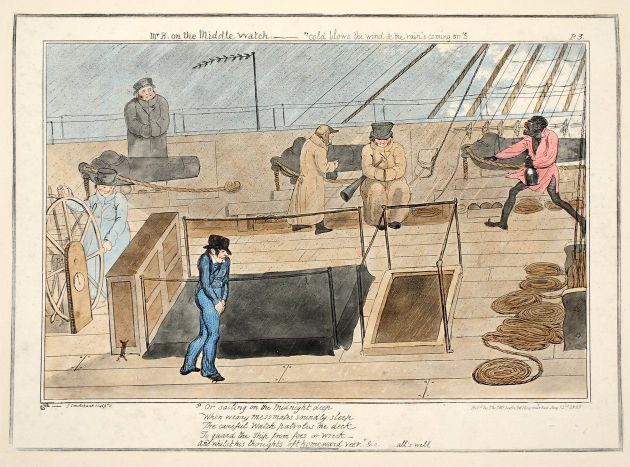 Mr. B på det midterste ur - kulde blæser vinden og regnen, der kommer, fra The Progress of a Midshipman, pub.1835 (håndfarvet gravering) af George Cruikshank