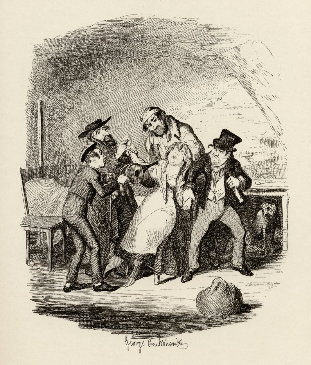 Hr. Fagin og hans elev, der kommer sig Nancy, fra "The Adventures of Oliver Twist" af Charles Dickens (1812-70) 1838, udgivet af Chapman und Hall, 1901 af George Cruikshank