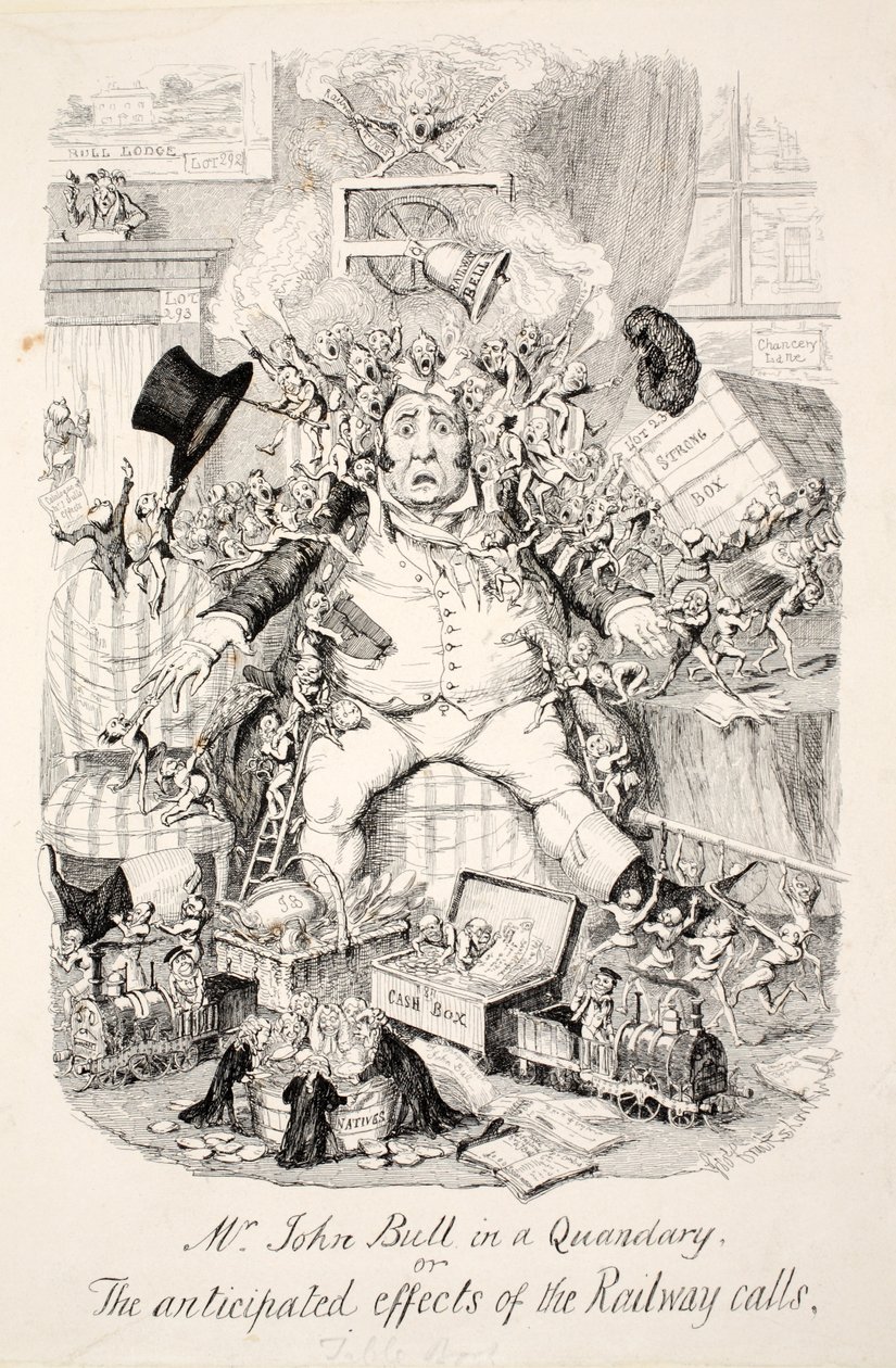 Mr. John Bull i et dilemma eller de forventede virkninger af jernbaneopkaldene, pub. 1845 af George Cruikshank