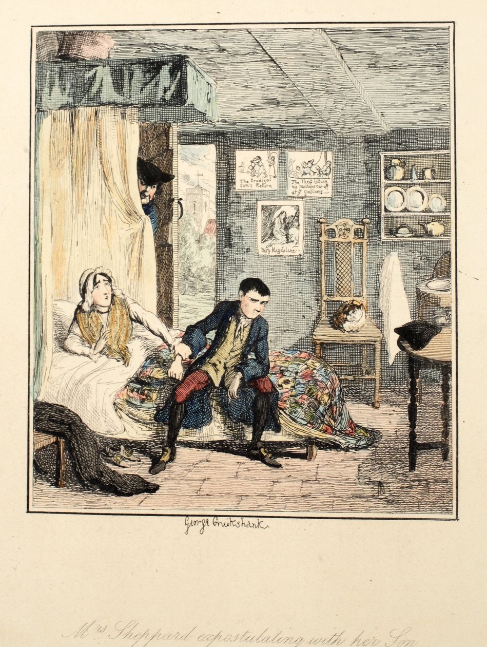 Mrs Sheppard ekspostulerer med sin søn, illustration fra Jack Sheppard: A Romance af William Harrison Ainsworth, udgivet 1839 (håndfarvet radering) af George Cruikshank