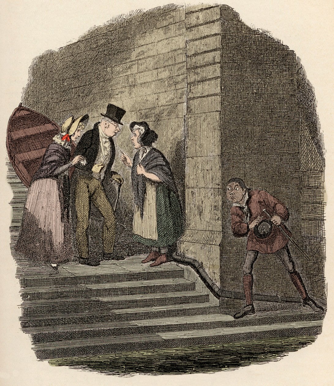 Noe Claypole spionerer på den hemmelige aftale mellem Mr. Brownlow, Rose Maylie og Nancy - mødet - Illustration for “” Oliver Twist ”” (Olivier) (The Adventures of Oliver Twist) af Charles Dickens (1812-1870), af George Cruikshank (1792-1878). af George Cruikshank