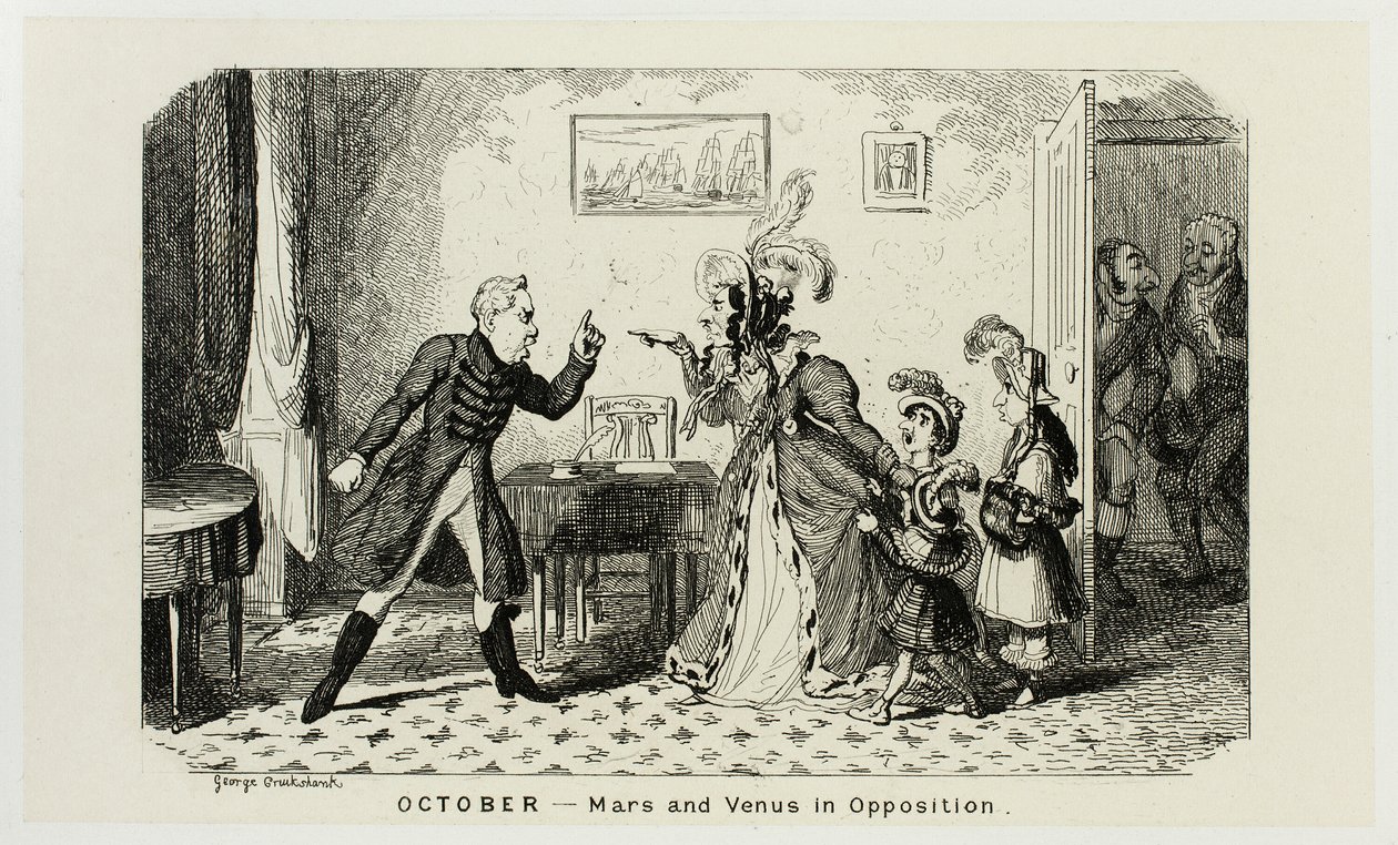 Oktober - Mars og Venus i opposition fra George Cruikshanks stålstik til The Comic Almanacks: 1835-1853 af George Cruikshank