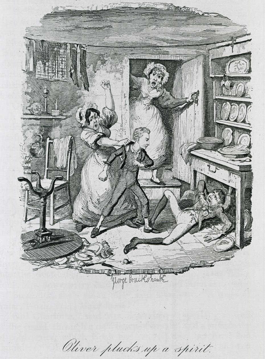 Oliver plukker en ånd op, 1837 af George Cruikshank