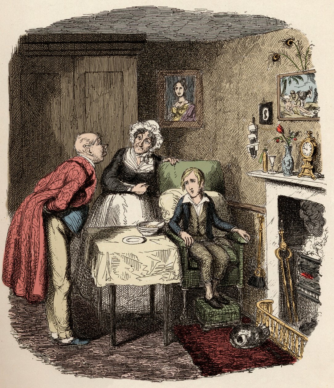Oliver bliver indsamlet og passet af Mr. Brownlow og hans husholderske Mrs. Bedwin - Oliver ved at komme sig efter feberen - Illustration til "" Oliver Twist"" (Oliver) (The Adventures of Oliver Twist) af Charles Dickens (1812-1870), af George Cruikshank ( af George Cruikshank