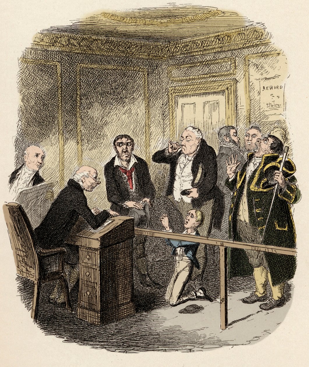 Oliver bønfaldt børnedommeren om ikke at lade ham komme i lære ved Gamfield, skorstenen - Oliver slipper for at blive bundet i lære til fejeren - Illustration til Charles Dickens "Oliver Twist" (Oliver) (The Adventures of Oliver Twist) (1812-1870), ved af George Cruikshank