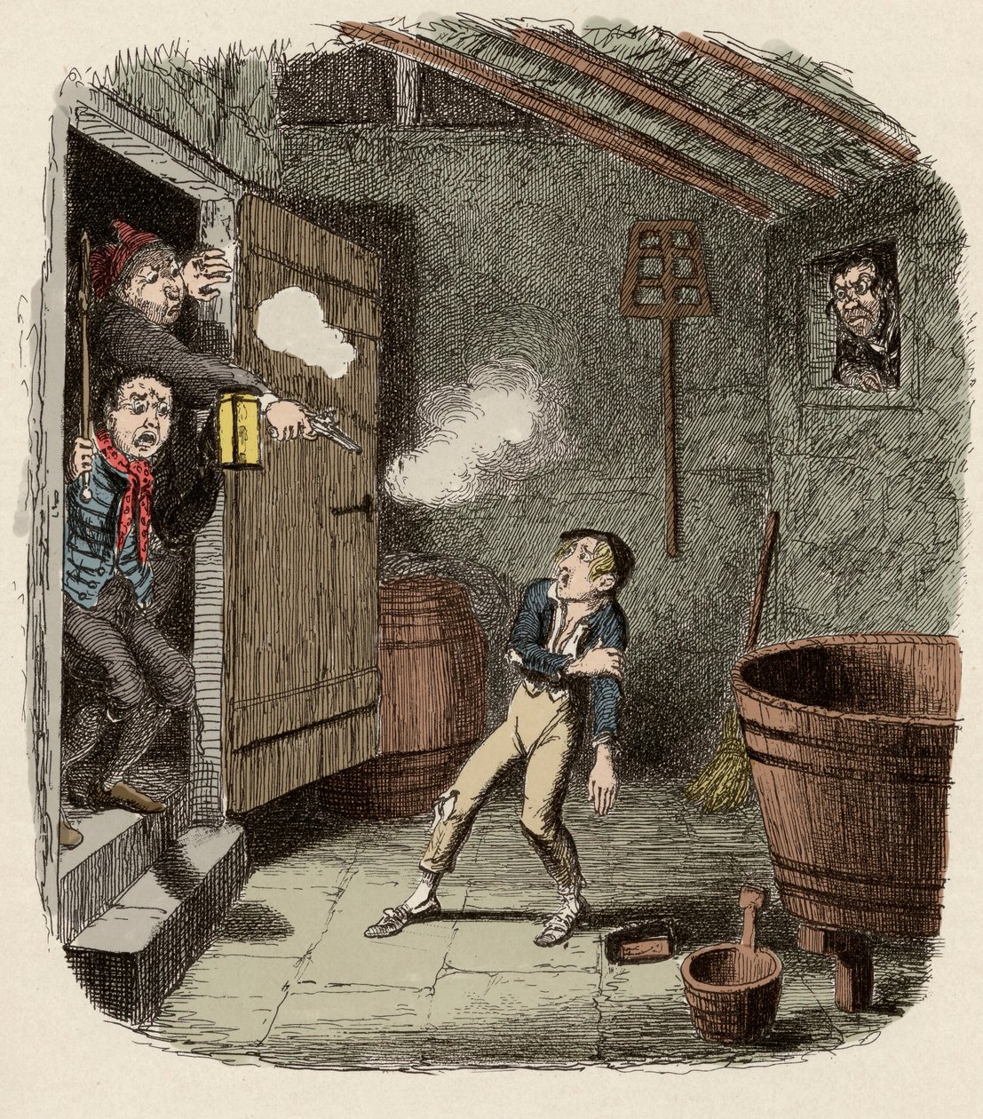 Oliver overrasket og såret under indbrudsforsøget - Indbruddet - Illustration til "" Oliver Twist"" (Olivier) (The Adventures of Oliver Twist) af Charles Dickens (1812-1870), af George Cruikshank (1792-1878). af George Cruikshank