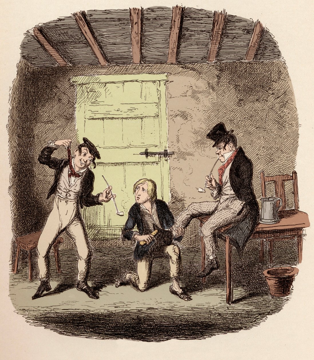 Oliver vokser rævens sko, mens Charley Bates forklarer farerne ved at hænge - Master Bates forklarer en professionel teknikalitet - Illustration til "Oliver Twist" (Olivier) (The Adventures of Oliver Twist) af Charles Dickens (1812-1870), af George Crui af George Cruikshank