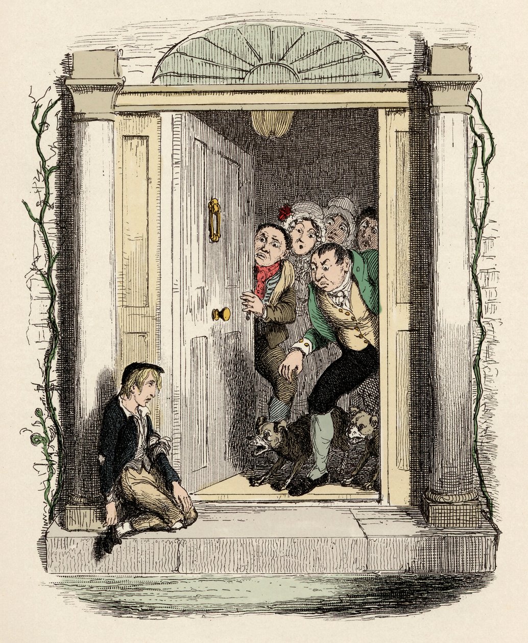 Oliver sår og udstødning beder om hjælp - Oliver Twist ved Mrs Maylies dør - Illustration til "" Oliver Twist"" (Olivier) (The Adventures of Oliver Twist) af Charles Dickens (1812-1870), af George Cruikshank (1792-1878) . af George Cruikshank