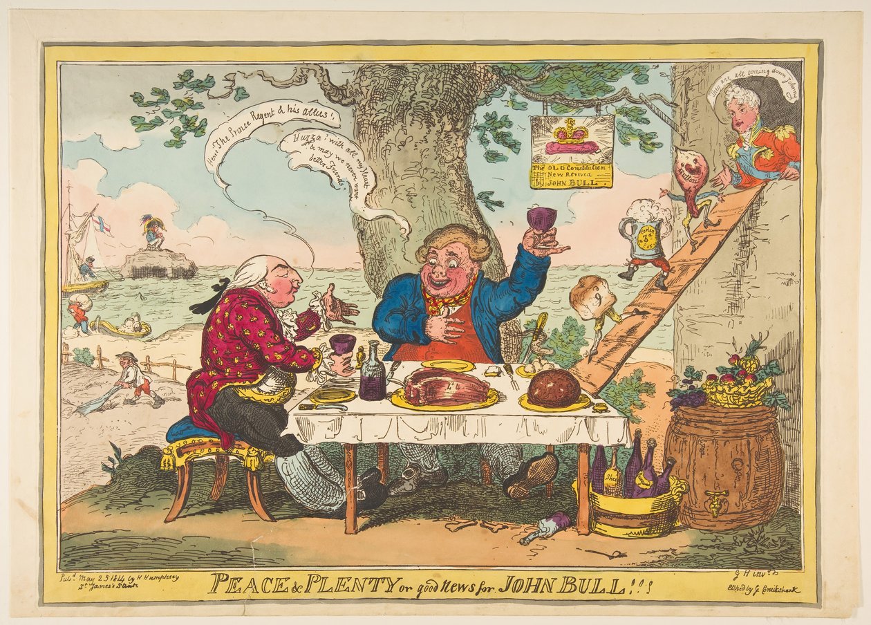Fred og overflod eller gode nyheder for John Bull!!!, 25. maj 1814. af George Cruikshank