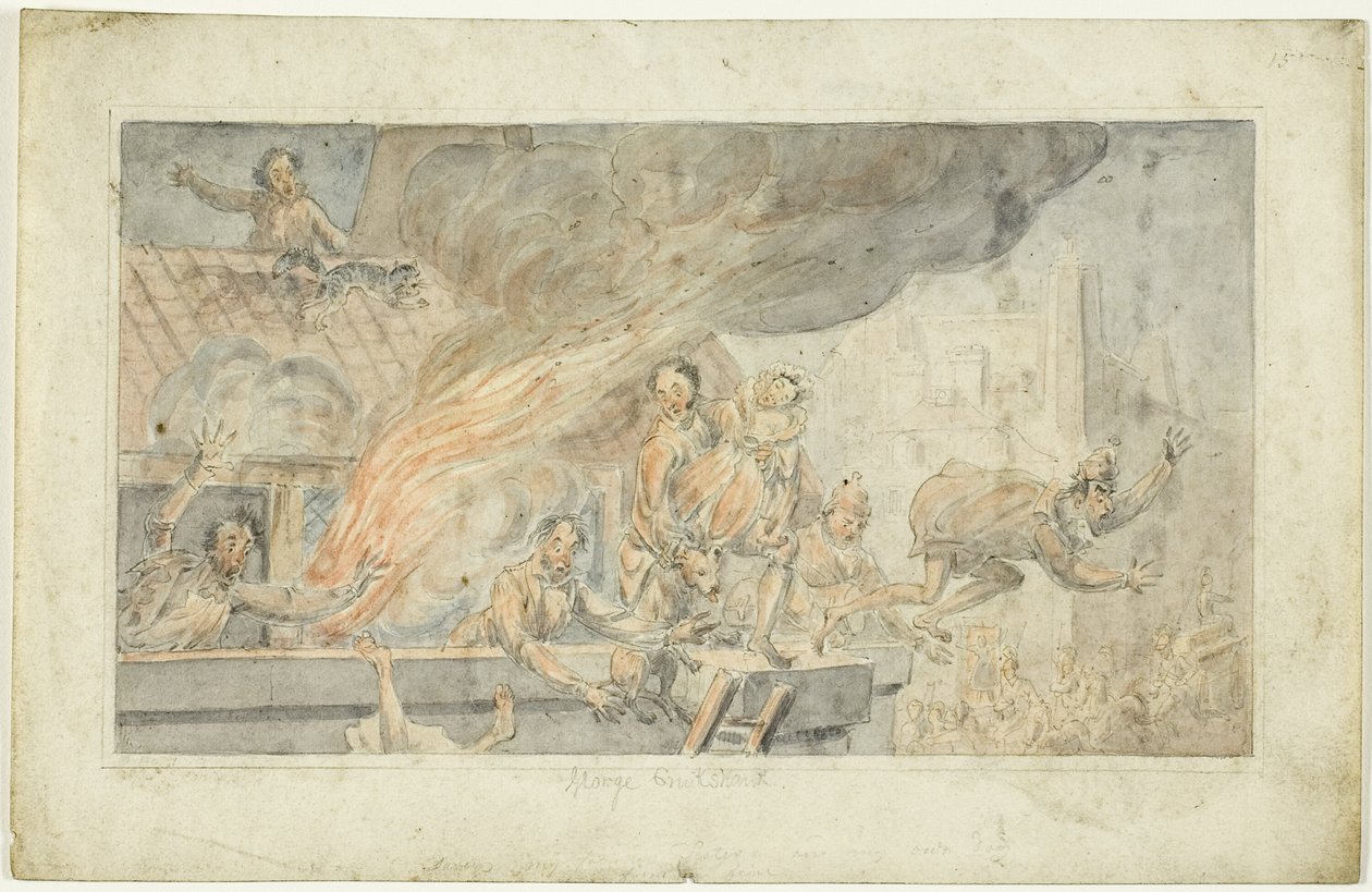 Folk flygter fra en brændende bygning af George Cruikshank
