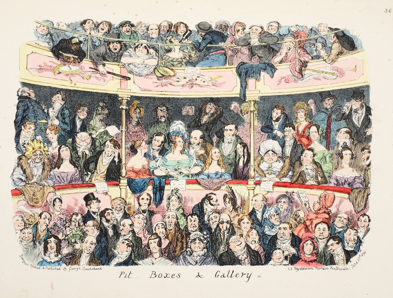 Pit Boxes og Galleri, pub. 1836 (håndfarvet gravering) af George Cruikshank