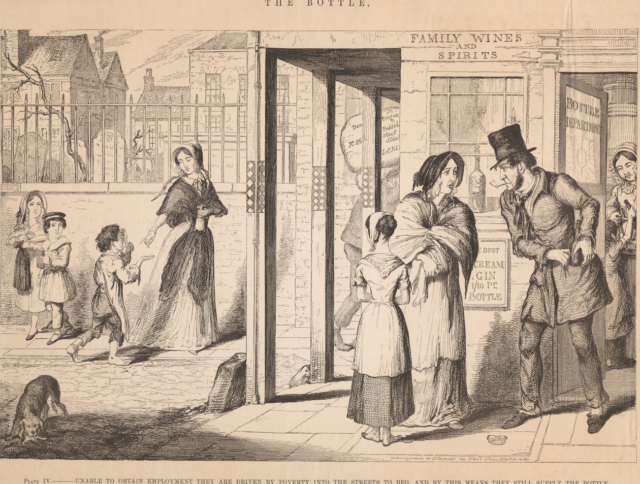 Tavle IV: Da de ikke kan finde arbejde, tvinges de af fattigdom ud på gaden for at tigge af George Cruikshank