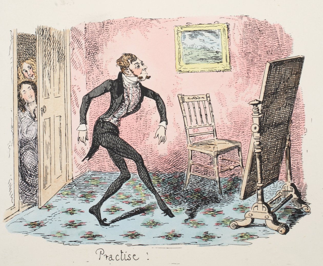 Øvelse, pub. 1832 (håndfarvet gravering) af George Cruikshank