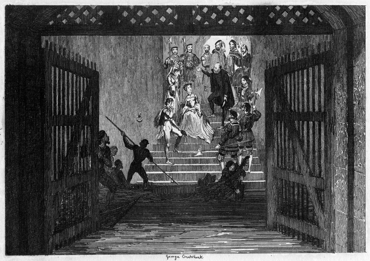 Prinsesse Elizabeth bragt som fange til Tower of London, 1554 1840. af George Cruikshank