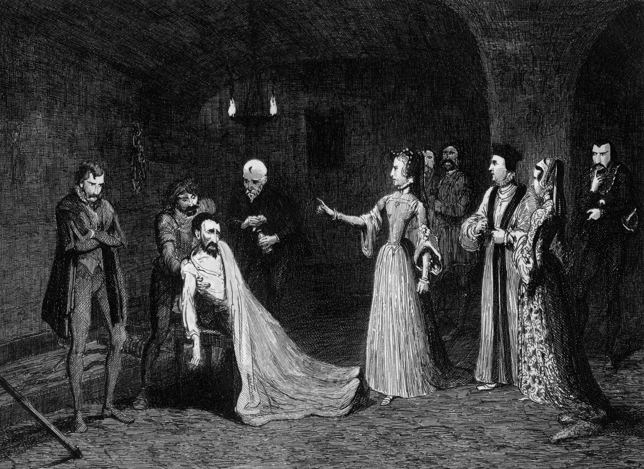 Prinsesse Elizabeth konfronterede med Sir Thomas Wyatt i torturkammeret, 1554 1840. af George Cruikshank