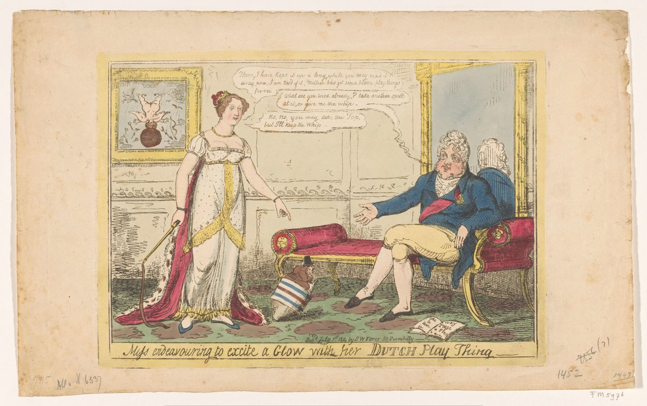 Prinsesse Charlotte spillede ud med sin hollandske snurretop, 1814 Frøken, der bestræber sig på at ophidse en glød med sin hollandske legeting (titel på objekt) af George Cruikshank