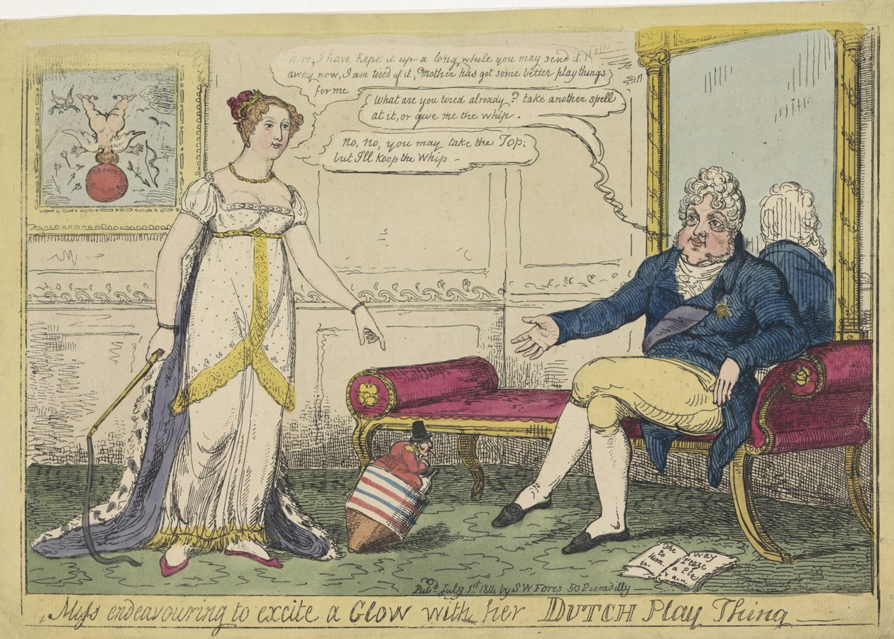 Prinsesse Charlotte spillede ud med sin hollandske snurretop, 1814 Frøken, der bestræber sig på at ophidse en glød med sin hollandske legeting (titel på objekt) af George Cruikshank