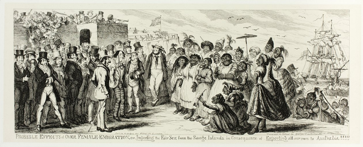 Sandsynlige virkninger af kvindelig udvandring eller import af det smukke køn fra de vilde øer som følge af eksport af alle vores egne til Australien.... fra George Cruikshanks stålstik til The Comic Almanacks: 1835-1853 af George Cruikshank