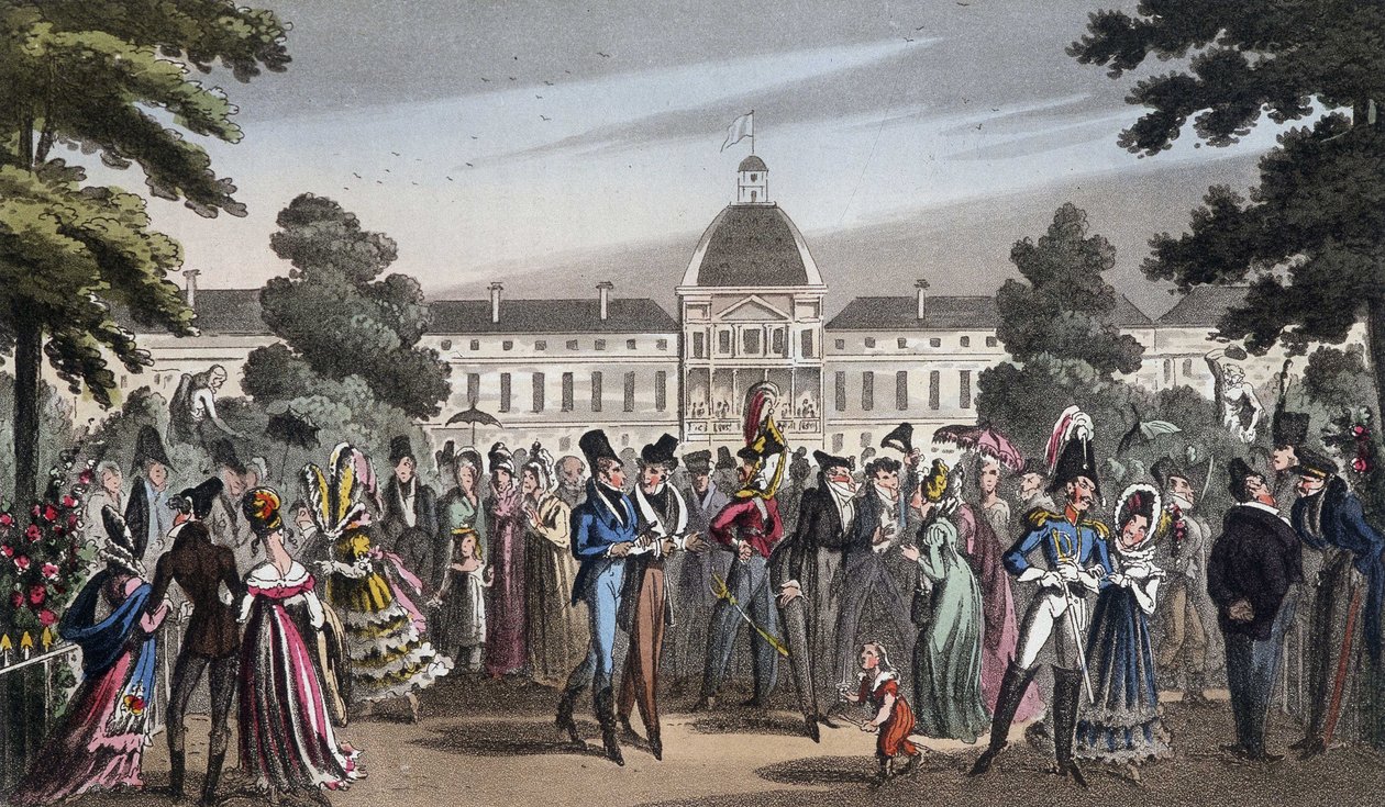 Promenade au Jardin des Tuileries - i "Life in Paris" af David Carey, London af George Cruikshank