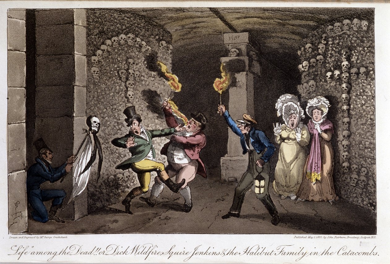 Promenade dans les catacombes - i "" Life in Paris"" af David Carey, ill. af George Cruikshank, red. Fairburn, London af George Cruikshank