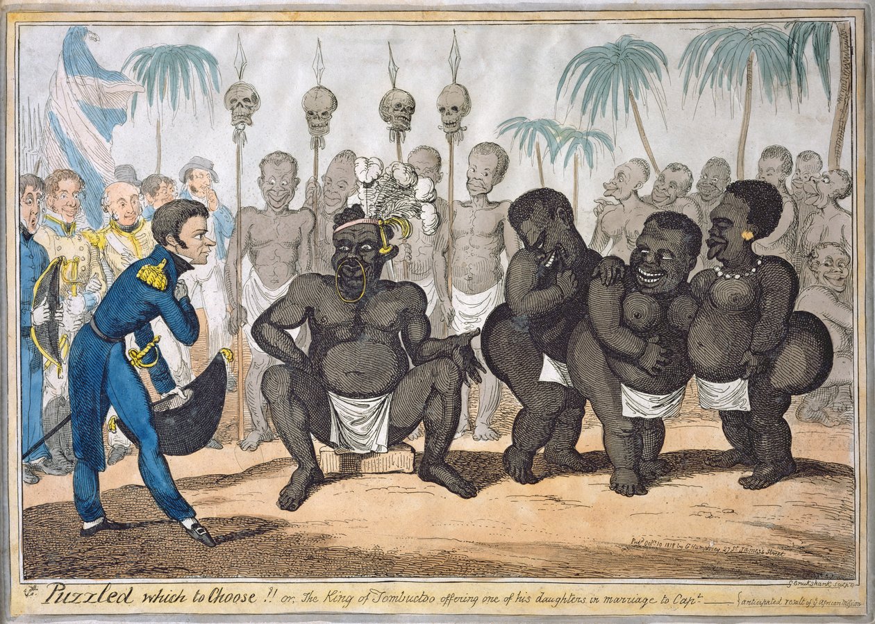 "Forvirret, hvad du skal vælge!!, eller The King of Tombuctoo, der tilbyder en af sine døtre i ægteskab med kaptajnen", efter kaptajn E. Judel, pub. af G. Humphrey af George Cruikshank